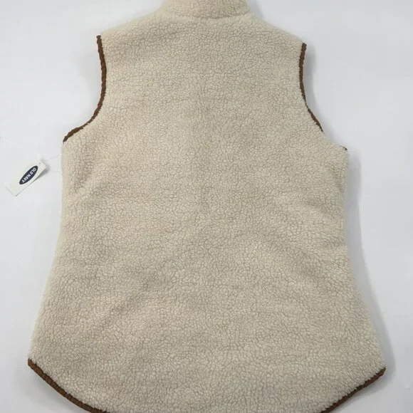 Old Navy Sherpa Women's Vest Medium Cream Tan Trim Pockets Zip Lined Boho NEW - Picture 4 of 8